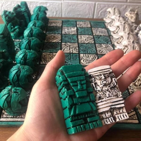 Chess set 12.59” x 12.59”, Resin Chess set in green and white, Chess set handmade, Soviet chess set, Mexican chess