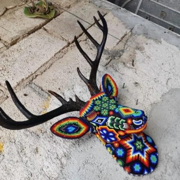 Deer Head Wall Decor, Huichol Art Wixarika, Mexican Folk Art, Resin & Bead Craftsmanship