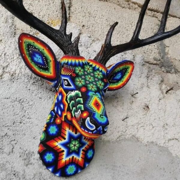 Deer Head Wall Decor, Huichol Art Wixarika, Mexican Folk Art, Resin & Bead Craftsmanship