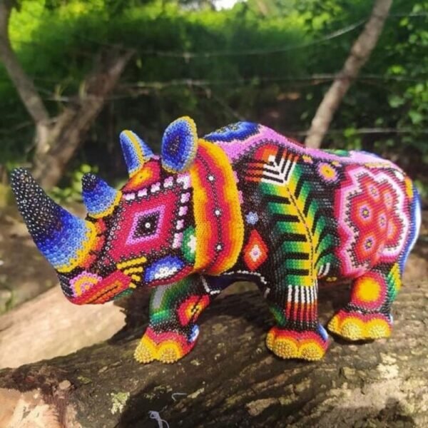 Rhino Statue Huichol Sculpture Of Mexican Folk Art, Rhino figurine Wixarika As A Mexican Decorative Figure , Made Of Resin And Beads
