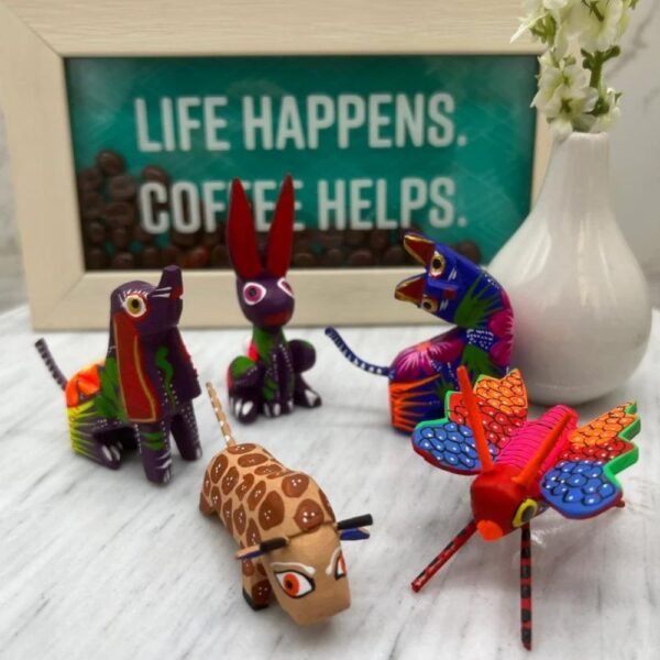 5 Mini Alebrijes Well Detailed Figurines Mexican Folk Art Alebrije Sculptures, Wooden Statues, Made Of Wood And Carved By Hand