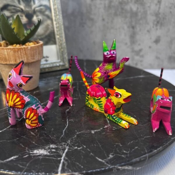 5 Mini Alebrijes Well Detailed Figurines Mexican Folk Art Alebrije Sculptures, Wooden Statues, Made Of Wood And Carved By Hand