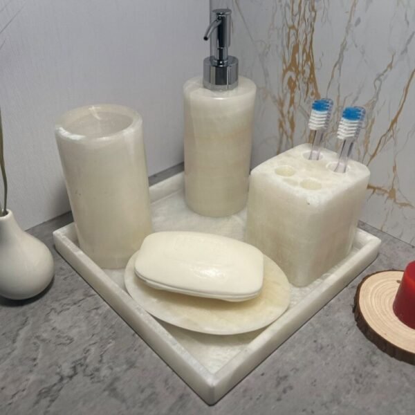 Bathroom decor, Soap dispenser, Bathroom accessories, Stone soap dispenser, Liquid soap holder, 5 piece white set