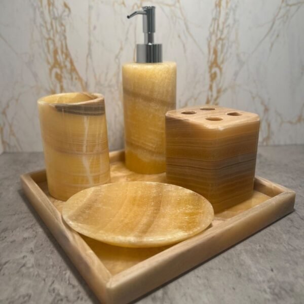 Bathroom decor, Soap dispenser, Bathroom accessories, Stone soap dispenser, Liquid soap holder, 5 piece yellow set