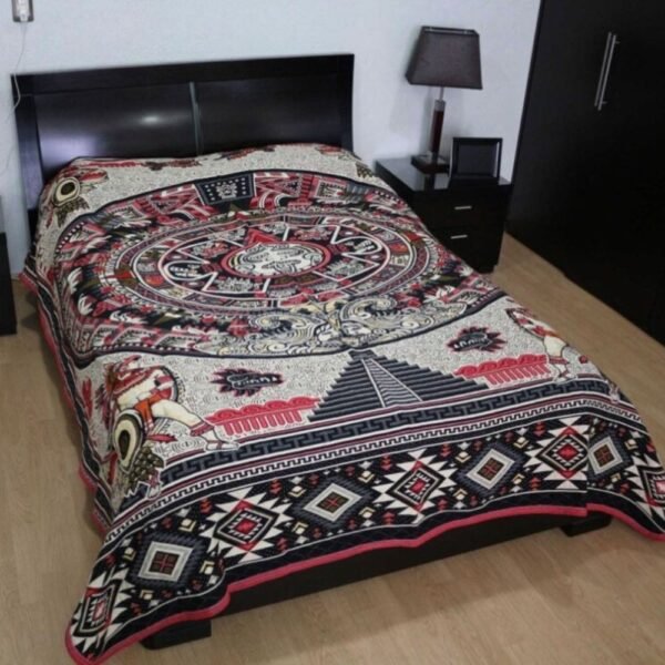 Bed Cover Throw Quilt Aztec Maya Calendar Mexican Style Handmade. Soft, Colorful And Warm Blanket For Winter