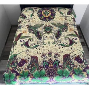 Bed Cover Throw Quilt Hummingbird Floral Mexican Style Handmade. Soft, Colorful And Warm Blanket For Winter