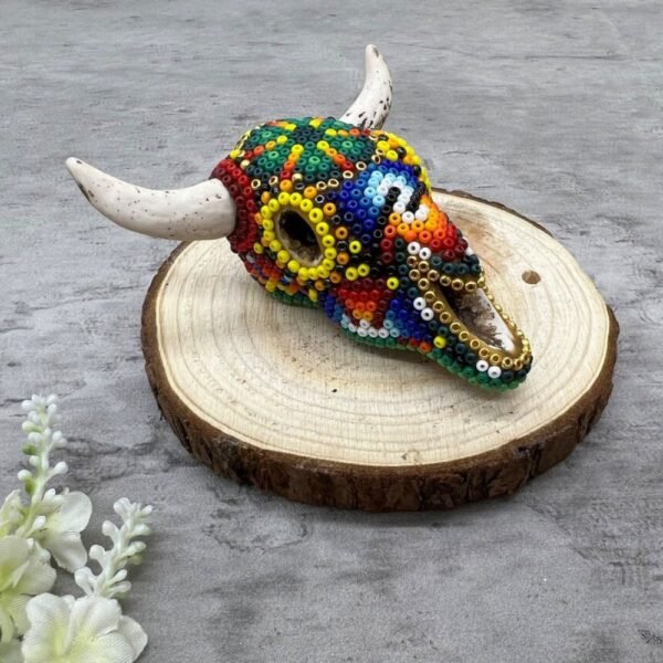 Bull Sculpture Huichol Statue Of Mexican Folk Art, Bighorn Sheep Wixarika As A Mexican Decorative Figure, Made Of Resin And Beads