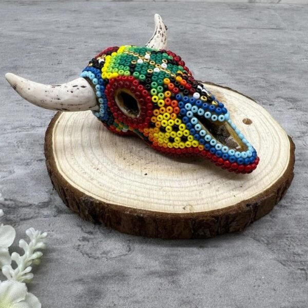 Bull Sculpture Huichol Statue Of Mexican Folk Art, Bighorn Sheep Wixarika As A Mexican Decorative Figure, Made Of Resin And Beads