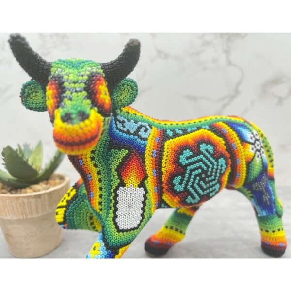 Bull Wixarika Art Huichol Indigenous Sculpture Mexican Handicrafts. Piece Made Of Resin Cover With Beewax And Beads Home Decor