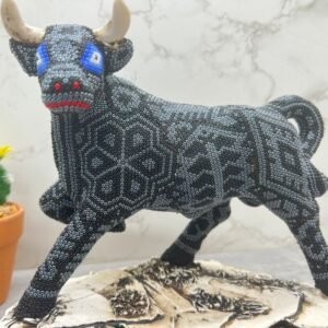 Bull Wixarika Art Huichol Indigenous Sculpture Mexican Handicrafts. Piece Made Of Resin Cover With Beewax And Beads Home Decor