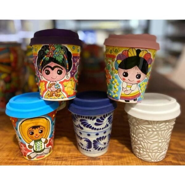 Cappuccino Cup, Frida Mexican Coffee Mug, Puebla Talavera Pottery, Ceramic Thermos, Handmade Lead-Free Includes Lid, Custom Available