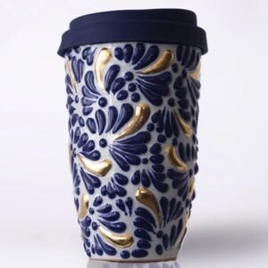 Cappuccino Cup Gold Details, Mexican Coffee Mug, Puebla Talavera Pottery, Ceramic Thermos, Handmade Lead-Free Includes Lid, Custom Available