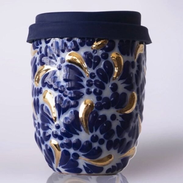 Cappuccino Cup Gold Details, Mexican Coffee Mug, Puebla Talavera Pottery, Ceramic Thermos, Handmade Lead-Free Includes Lid, Custom Available