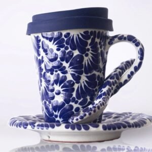 Cappuccino Cup, Plate&Spoon Mexican Coffee Mug, Puebla Talavera Pottery, Ceramic Thermos, Handmade Lead-Free Includes Lid, Custom Available
