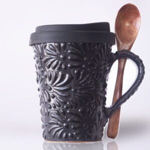 Cappuccino Cup, Wooden Spoon Mexican Coffee Mug, Puebla Talavera Pottery, Ceramic Thermos, Handmade Lead-Free Includes Lid, Custom Available