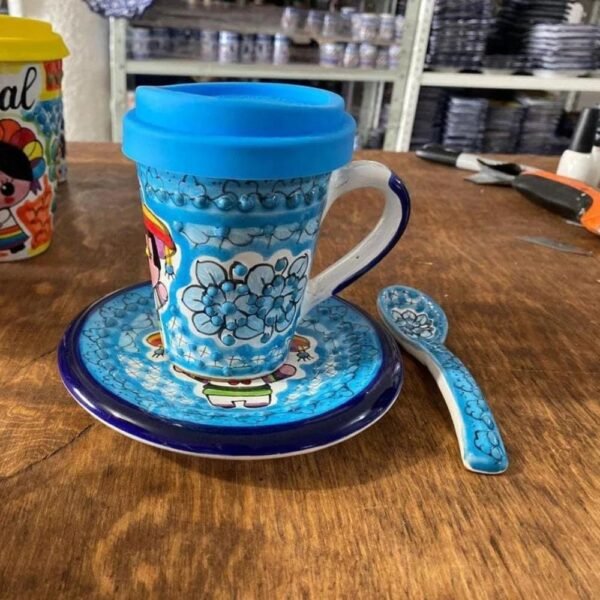 Cappuccino Cup,Plate & Spoon Mexican Coffee Mug, Puebla Talavera Pottery, Ceramic Thermos, Handmade Lead-Free Includes Lid, Custom Available