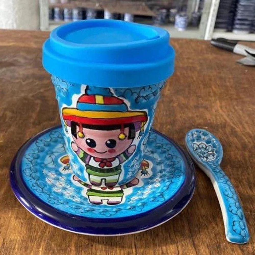 Frida Mexican Cappuccino Cup Set with Plate & Spoon, Puebla Talavera Pottery Coffee Mug, Ceramic Thermos, Handmade Lead-Free, Lid Included, Customization Available ☕🌺🍽️