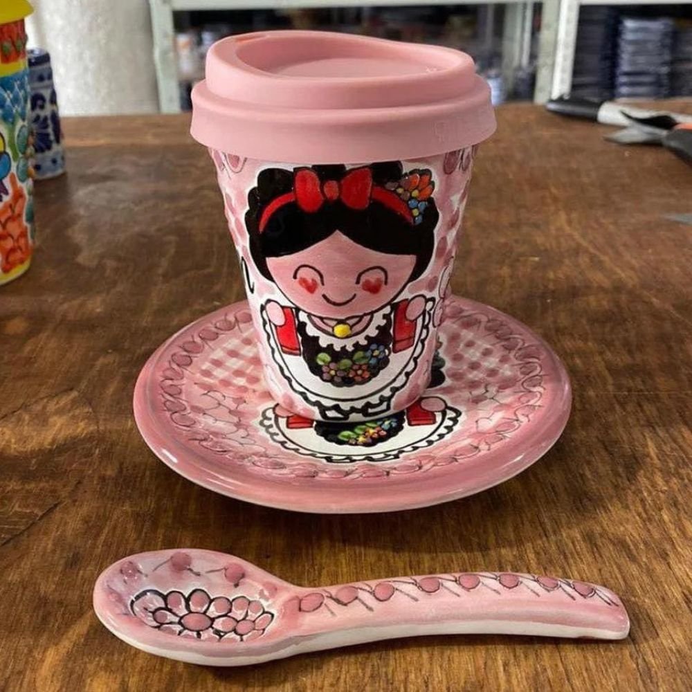 Frida Mexican Cappuccino Cup Set with Plate & Spoon, Puebla Talavera Pottery Coffee Mug, Ceramic Thermos, Handmade Lead-Free, Lid Included, Customization Available ☕🌺🍽️