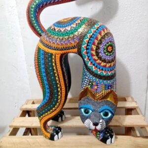 Cat Statue Mexican Folk Art Alebrije Sculpture, Wooden As Mexican Decoration Figurine, Made Of Wood And Carved By Hand