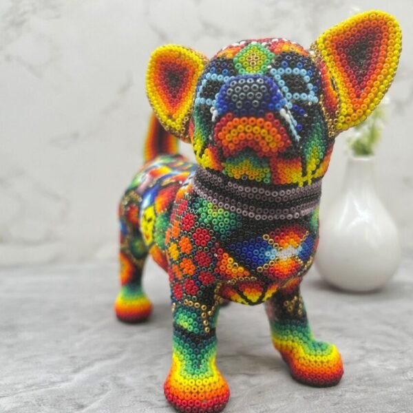 Chihuahua Figurine Huichol Statue Of Mexican Folk Art, Dog Wixarika As A Mexican Decorative Sculpture , Made Of Resin And Beads