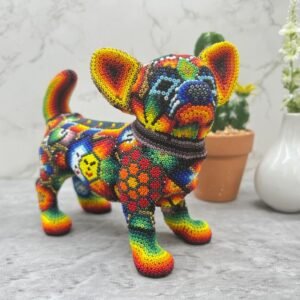 Chihuahua Figurine Huichol Statue Of Mexican Folk Art, Dog Wixarika As A Mexican Decorative Sculpture , Made Of Resin And Beads