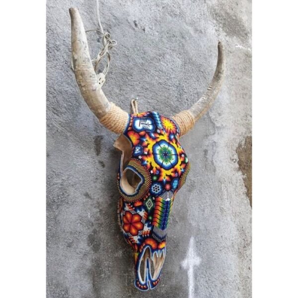 Cow skull wall art Huichol Sculpture Of Mexican Folk Art, Bull skull Wixarika As A Mexican Decorative Figure , Made Of Resin And Beads