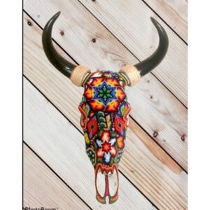 Cow skull wall art Huichol Sculpture Of Mexican Folk Art, Bull skull Wixarika As A Mexican Decorative Figure , Made Of Resin And Beads