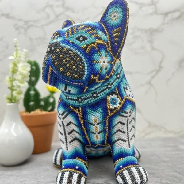 Dog Bulldog Statue Huichol Sculpture Of Mexican Folk Art, Pet Wixarika As A Mexican Decorative Figure, Made Of Resin And Beads