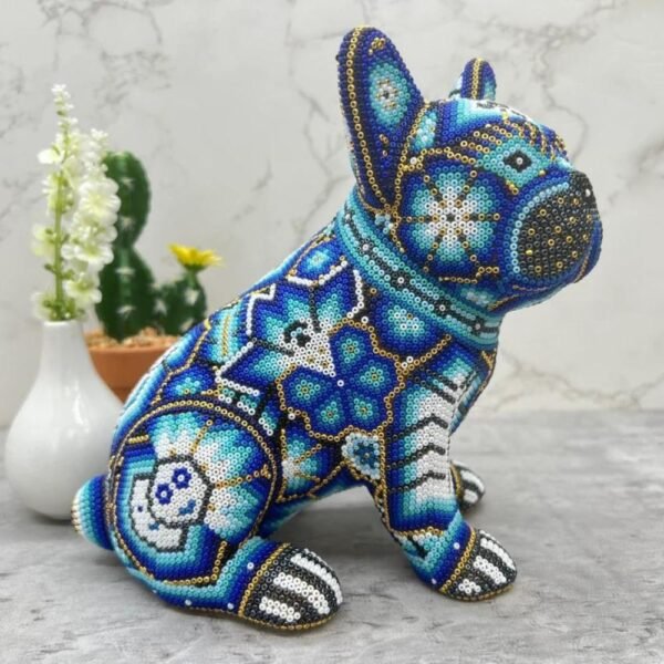Dog Bulldog Statue Huichol Sculpture Of Mexican Folk Art, Pet Wixarika As A Mexican Decorative Figure, Made Of Resin And Beads