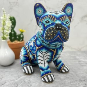 Dog Bulldog Statue Huichol Sculpture Of Mexican Folk Art, Pet Wixarika As A Mexican Decorative Figure, Made Of Resin And Beads