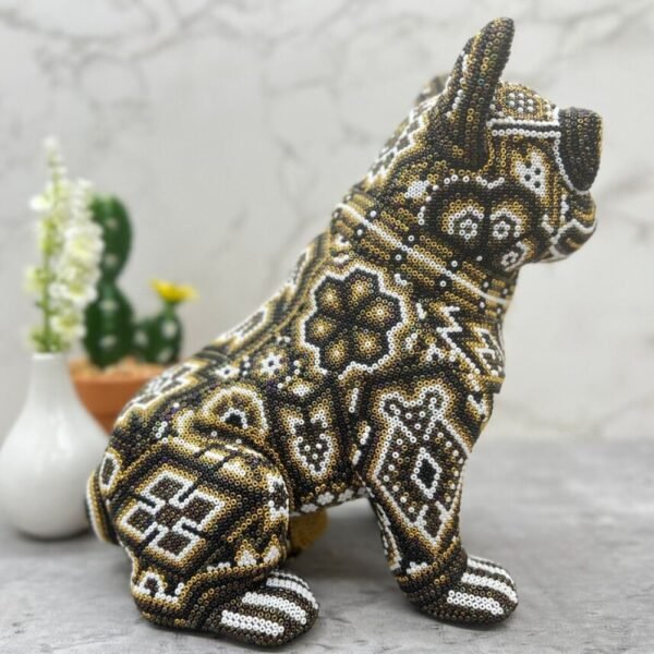 Dog Pug Statue Huichol Sculpture Of Mexican Folk Art, Pet Wixarika As A Mexican Decorative Figure, Made Of Resin And Beads