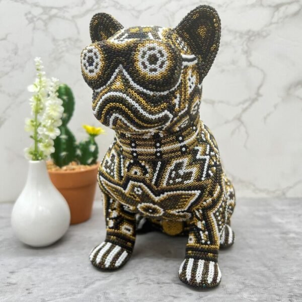 Dog Pug Statue Huichol Sculpture Of Mexican Folk Art, Pet Wixarika As A Mexican Decorative Figure, Made Of Resin And Beads