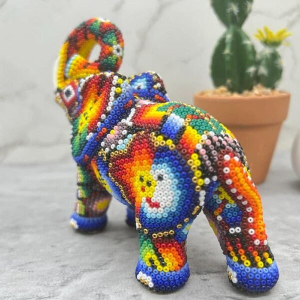 Elephant Statue Huichol Sculpture Of Mexican Folk Art, Elephant sculpture Wixarika As A Mexican Decorative Figure , Made Of Resin And Beads