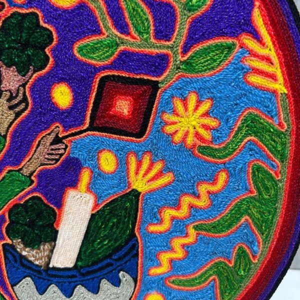 Huichol yarn painting, Mexican wall art, Wixarika culture, Abstract painting, 11.8” Diameter