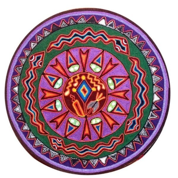 Huichol yarn painting, Mexican wall art, Wixarika culture, Abstract painting, 16” in diameter