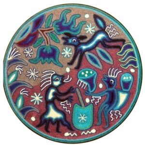Huichol yarn painting, Mexican wall art, Wixarika culture, Abstract painting, 16” in diameter