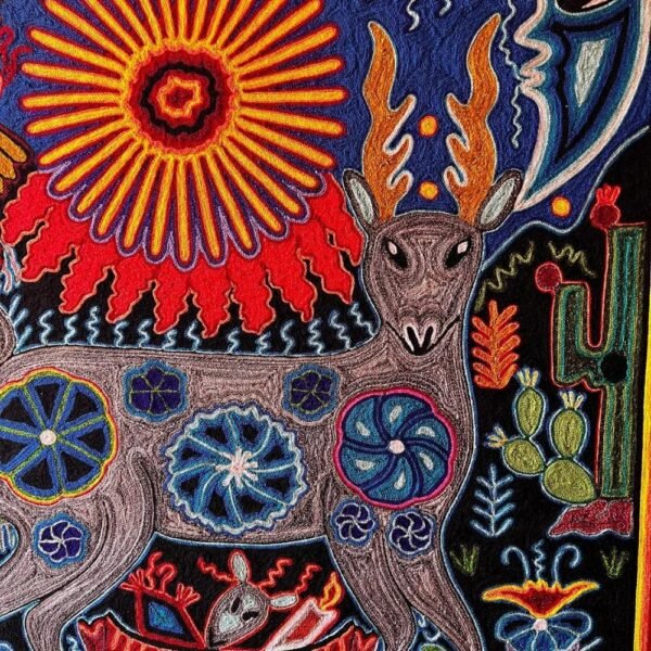 Huichol yarn painting, Mexican wall art, Wixarika culture, Abstract painting, 24” x 24”