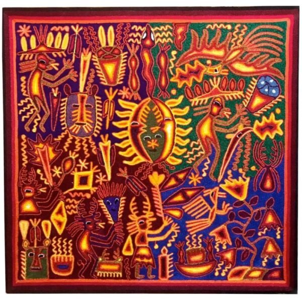 Huichol yarn painting, Mexican wall art, Wixarika culture, Abstract painting, 24” x 24”