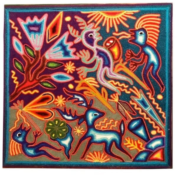 Huichol Yarn Painting - Mexican Wall Art - Wixarika Culture - Abstract Design, 16" X 16