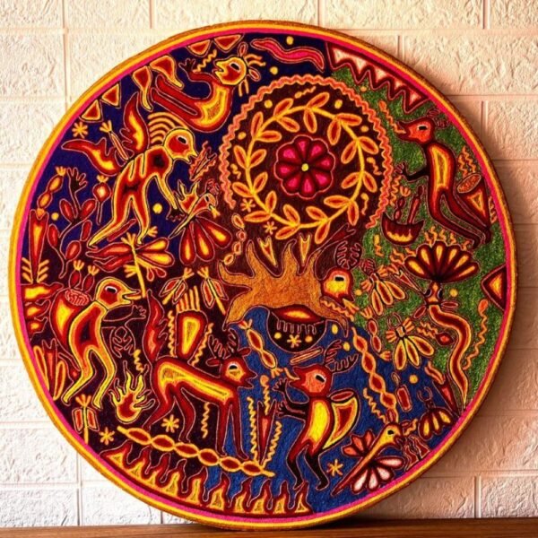 Huichol yarn painting, Mexican wall art, Wixarika culture, Abstract painting, 24” in diameter
