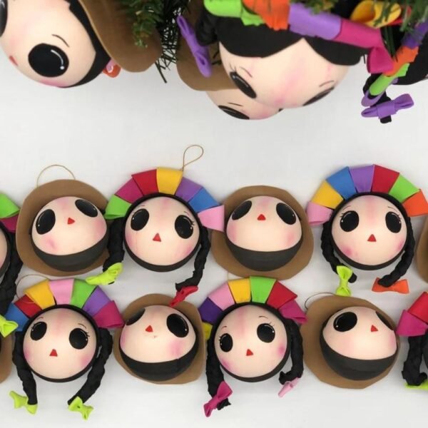 Lele and Poncho spheres 3.93” Mexican doll Christmas ornaments , ideal for the Christmas tree, inspired by Mexican art