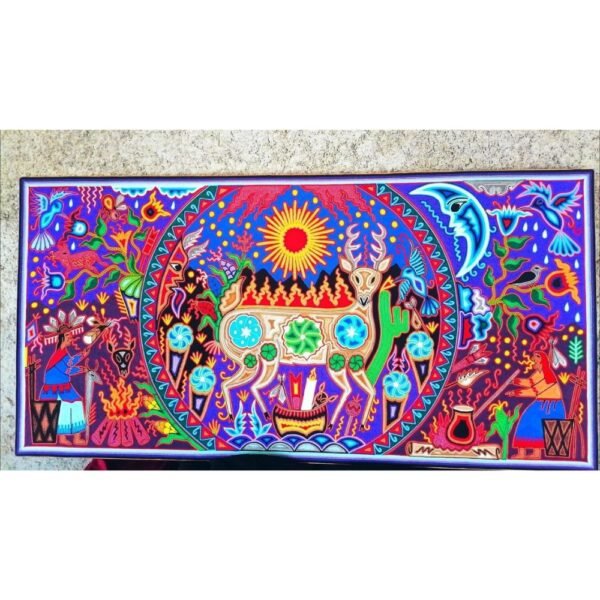 Mexico Huichol Thread Painting 47.24 “x 23.62” In Diamond Quality, Made By Huichol Art Xitacame, Mexican Decoration , Mexican Wall Art