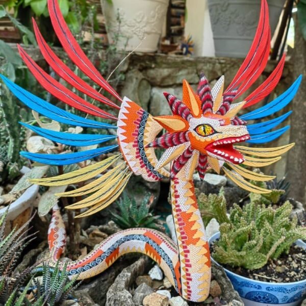 Snake Nahuatl With Wings Statue Mexican Folk Art Alebrije Sculpture, Wooden Decoration Figurine, Made Of Wood Carved By Hand
