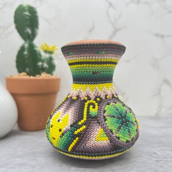 Tequila Cantaro Drink Huichol Of Mexican Folk Art, Big Size Mezcal Shoot Wixarika As A Mexican Decorative Figure, Made Of Clay And Beads