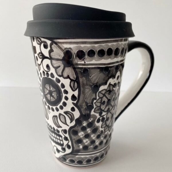 Cappuccino Cup, Dia De Los Muertos Mexican Coffee Mug, Puebla Talavera Pottery, Ceramic Thermos, Lead-Free Includes Lid, Custom Available