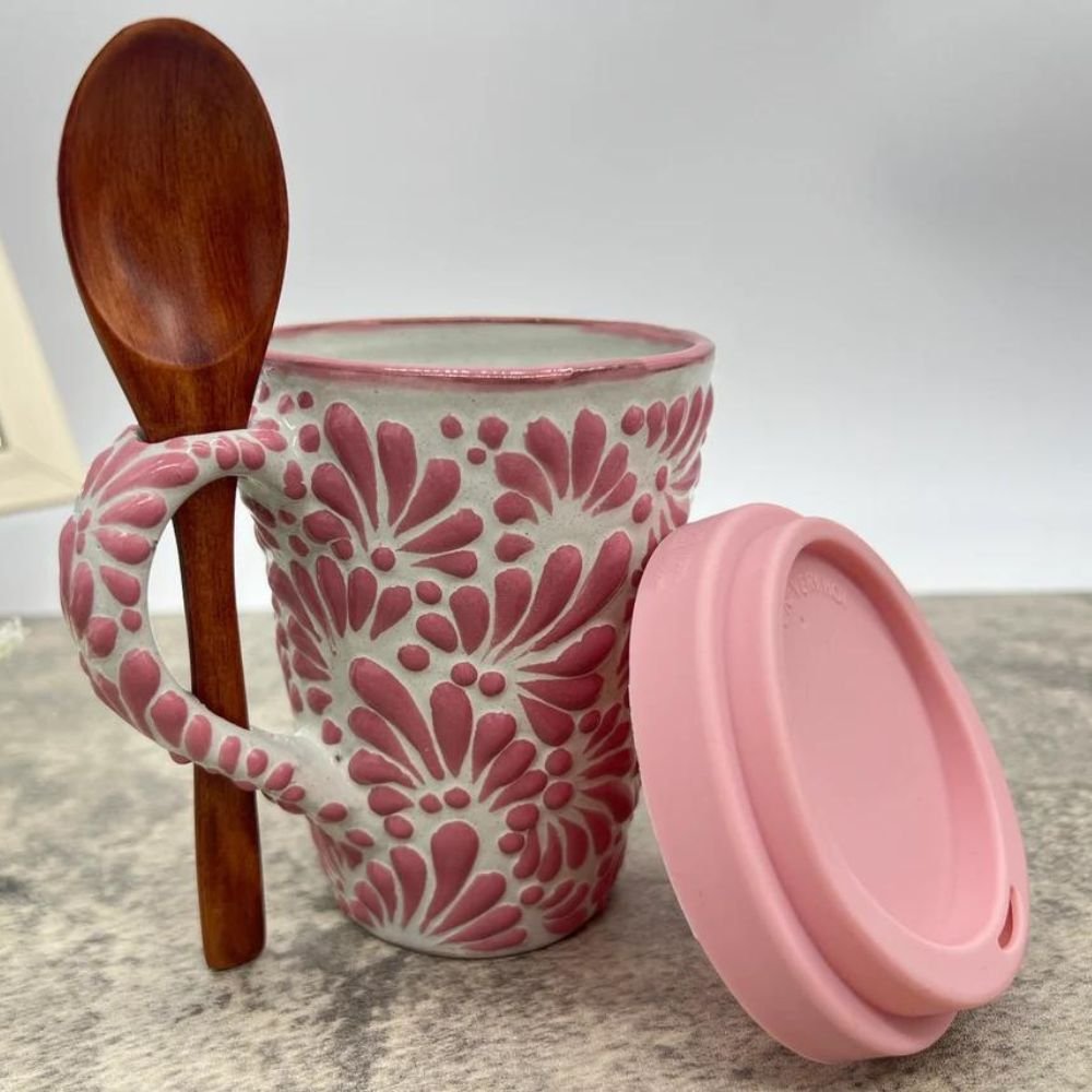 Cappuccino Cup, Wooden Spoon Mexican Coffee Mug, Puebla Talavera Pottery,  Ceramic Thermos, Handmade Lead-free, Custom Available 