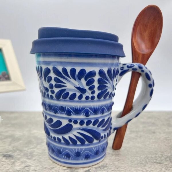 Cappuccino Cup, Wooden Spoon Mexican Coffee Mug, Puebla Talavera Pottery, Ceramic Thermos, Handmade Lead-Free Includes Lid, Custom Available