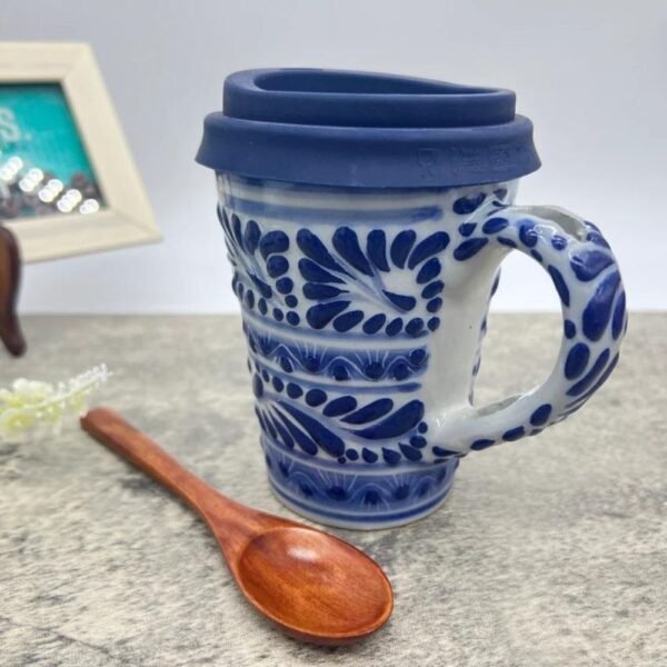 Cappuccino Cup, Wooden Spoon Mexican Coffee Mug, Puebla Talavera Pottery, Ceramic Thermos, Handmade Lead-Free Includes Lid, Custom Available