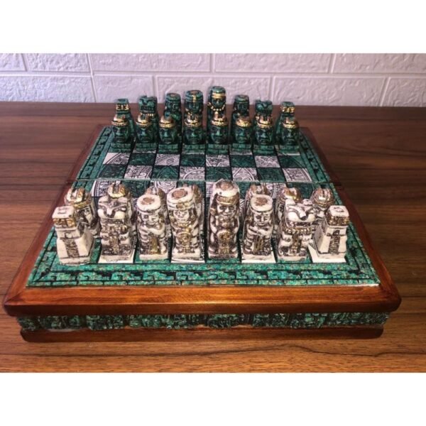 Chess set 10.23” x 10.23”, Resin Chess set in green and white, Olmec chess, Chess set handmade, Wooden chess, Doubles as a book