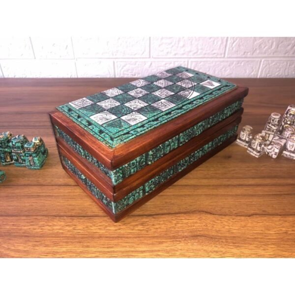 Chess set 10.23” x 10.23”, Resin Chess set in green and white, Olmec chess, Chess set handmade, Wooden chess, Doubles as a book